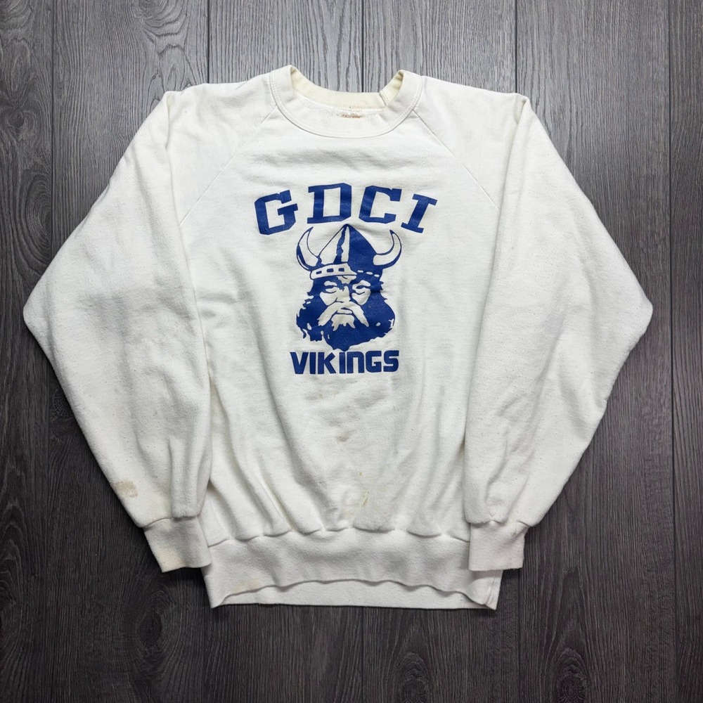 Vintage GDCI Vikings Medium Sweatshirt Men White Raglan Graphic Pullover Penman